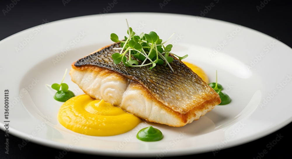 Gourmet fish dish, crispy skin salmon fillet, vibrant green sauce, yellow sauce accent, microgreens garnish, white ceramic plate, fine dining presentation, professional food photography, soft lighting Gourmet fish dish, crispy skin salmon fillet, vibrant green sauce, yellow sauce accent, microgreens garnish, white ceramic plate, fine dining presentation, professional food photography, soft lighting