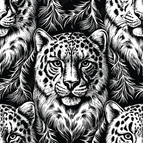 Fierce Leopard Line Art Seamless Vector Pattern