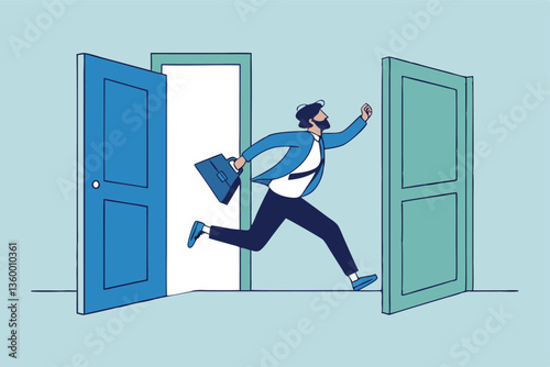 Change job, career transition or move to new opportunity, employee turnover, resignation or leave company, new job, employment, recruitment concept, businessman leave open door to new opportunity.