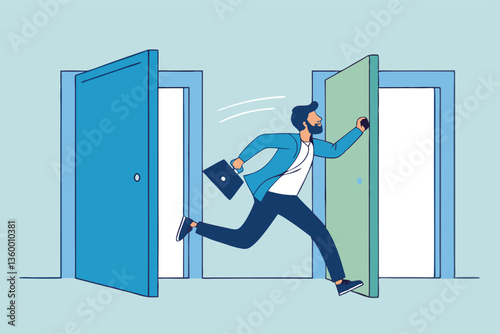 Change job, career transition or move to new opportunity, employee turnover, resignation or leave company, new job, employment, recruitment concept, businessman leave open door to new opportunity.