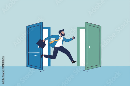 Change job, career transition or move to new opportunity, employee turnover, resignation or leave company, new job, employment, recruitment concept, businessman leave open door to new opportunity.