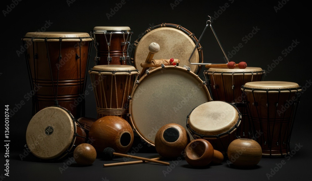 Obraz premium A group of percussion instruments are displayed on a dark background.