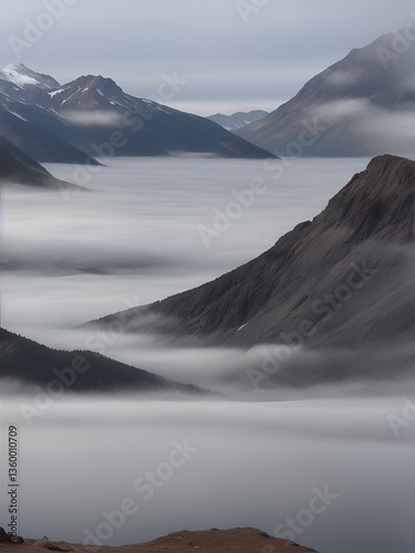A breathtaking misty mountain landscape in soft shades of gray and blue. The atmospheric fog creates a dreamy, tranquil mood, perfect for nature lovers and minimalistic art enthusiasts.