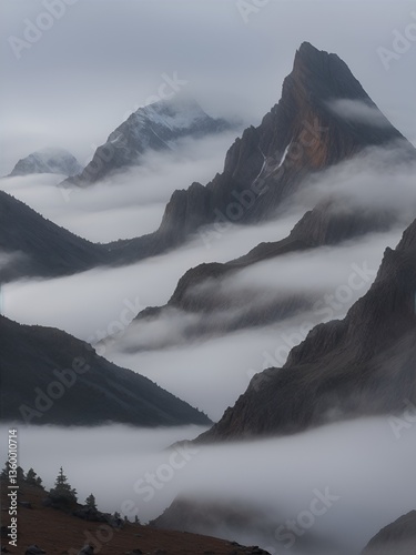 A breathtaking misty mountain landscape in soft shades of gray and blue. The atmospheric fog creates a dreamy, tranquil mood, perfect for nature lovers and minimalistic art enthusiasts.