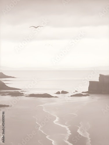 A calm coastal landscape in soft sepia tones, depicting a peaceful shoreline with gentle waves and distant cliffs. Evokes nostalgia and tranquility, ideal for minimalistic decor.
