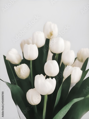 A delicate bouquet of white tulips against a soft gray background, evoking a sense of elegance, simplicity, and timeless beauty.