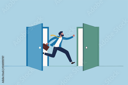 Change job, career transition or move to new opportunity, employee turnover, resignation or leave company, new job, employment, recruitment concept, businessman leave open door to new opportunity.