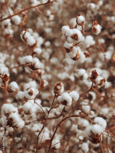 A close-up of cotton plants in warm earthy tones, capturing the soft textures and natural beauty of raw cotton fields. Ideal for rustic and botanical aesthetics.