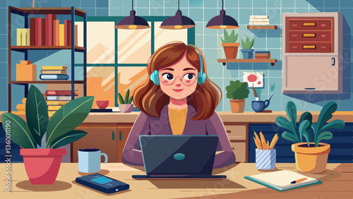 Young businesswoman manage business from home on remote, freelancer using laptop sit kitchen table on self-quarantine, work over personal growth, apply for online courses to learn new