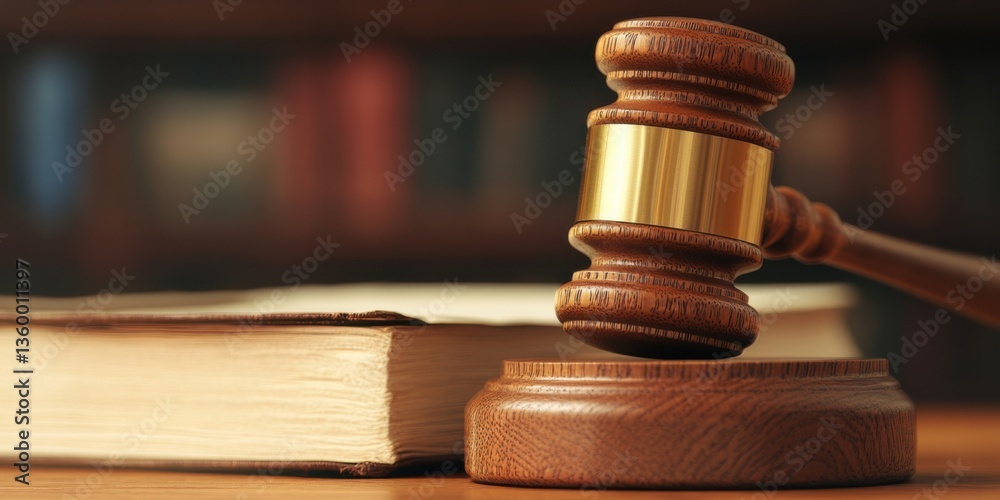 Wooden judge's gavel rests beside a law book on a wooden desk in a courtroom setting, symbolizing justice and legal proceedings Wooden judge's gavel rests beside a law book on a wooden desk in a courtroom setting, symbolizing justice and legal proceedings