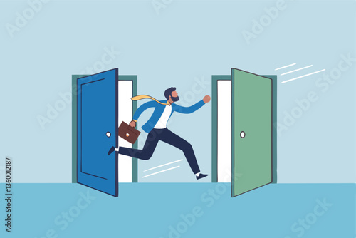 Change job, career transition or move to new opportunity, employee turnover, resignation or leave company, new job, employment, recruitment concept, businessman leave open door to new opportunity.