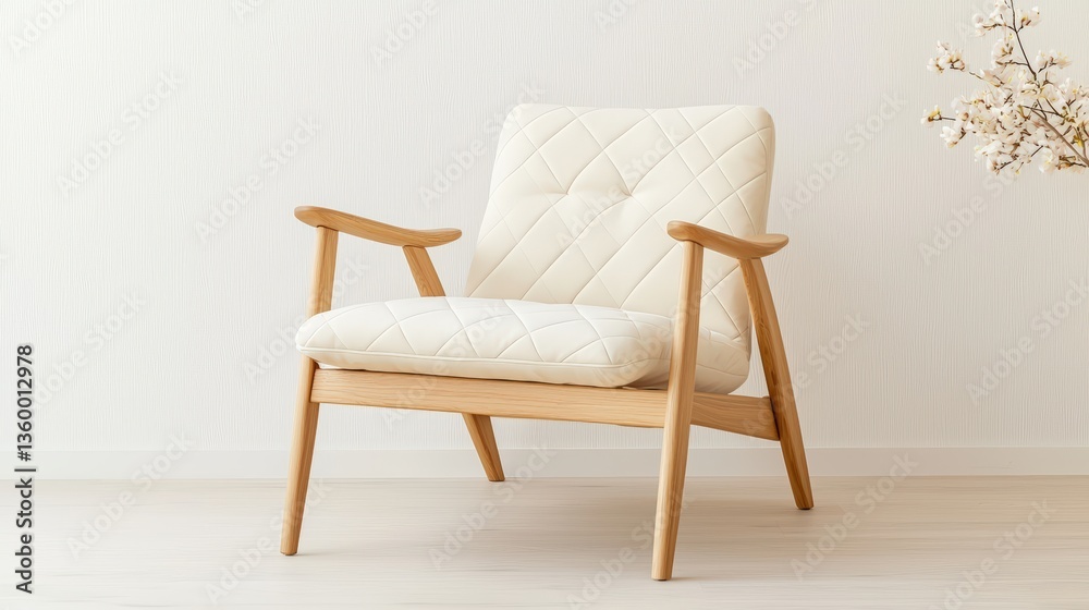 Obraz premium A stylish, modern armchair with a quilted cream cushion and wooden frame, set against a minimalist backdrop, Sustainable Living.