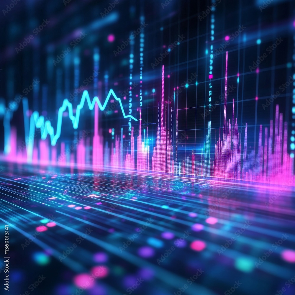 Financial Data Visualization: Glowing Stock Market Chart and Binary Code Financial Data Visualization: Glowing Stock Market Chart and Binary Code