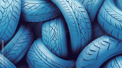 Close-up shot of numerous blue tires arranged in an intricate, interwoven pattern. The image is predominantly blue with varying shades and tones creating a textured effect.  The focus is on the