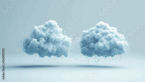 A digital rendering depicting two stylized cumulus clouds against a light blue background. One cloud is shown with rain falling from it, indicated by thin vertical lines.  The clouds are rendered