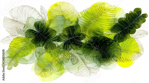 Leafy Composition Green and transparent foliage in an abstract arrangement on a white background, artistic design