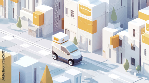 Isometric illustration depicting a white delivery van driving on a city street.  The cityscape is rendered in a simplified, minimalist style with low-poly buildings in shades of white and light