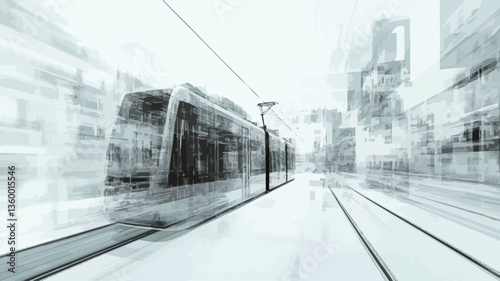 The image is a grayscale photograph depicting a modern tram in motion.  The tram is centrally positioned, appearing sleek and contemporary in design. The background is a blurred representation of