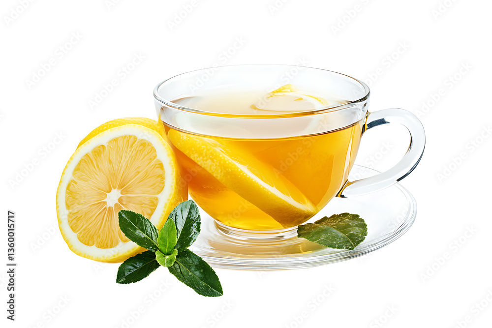A clear cup of lemon tea with a lemon slice and mint leaves on a saucer against a black background A clear cup of lemon tea with a lemon slice and mint leaves on a saucer against a black background