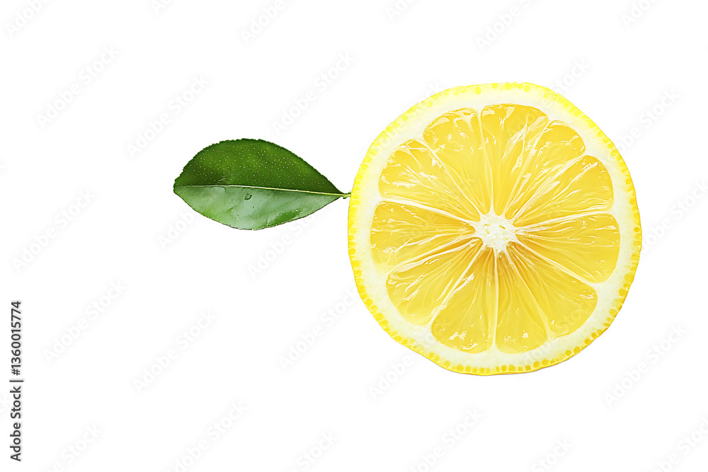 A slice of lemon with a green leaf on a black background in a studio shot close up and bright