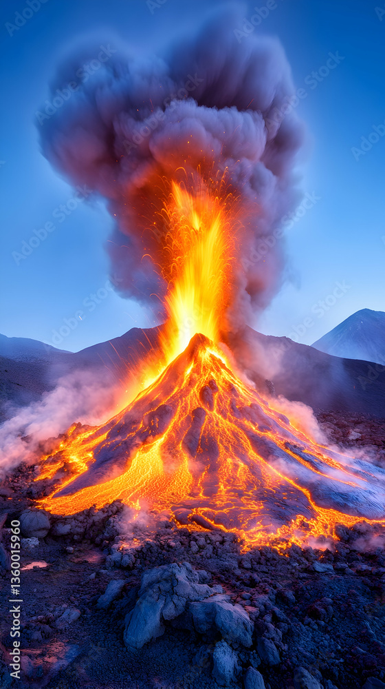 Fototapeta premium Volcanic eruption at dawn, fiery lava flow, mountain landscape, nature disaster