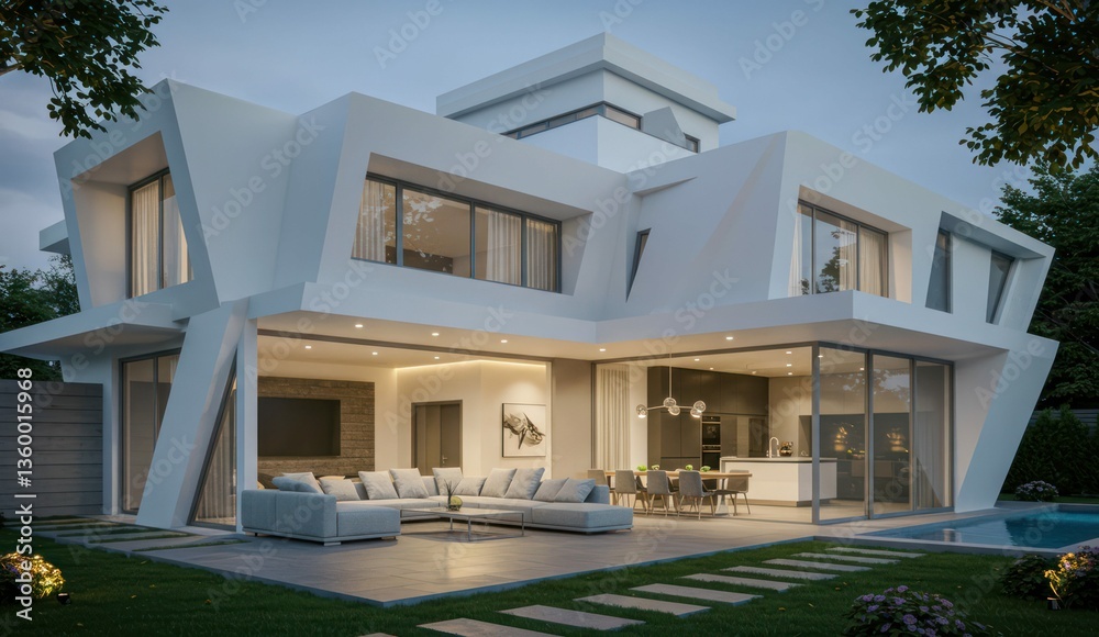 Fototapeta premium Modern home with a sleek exterior, open floor plan and swimming pool.