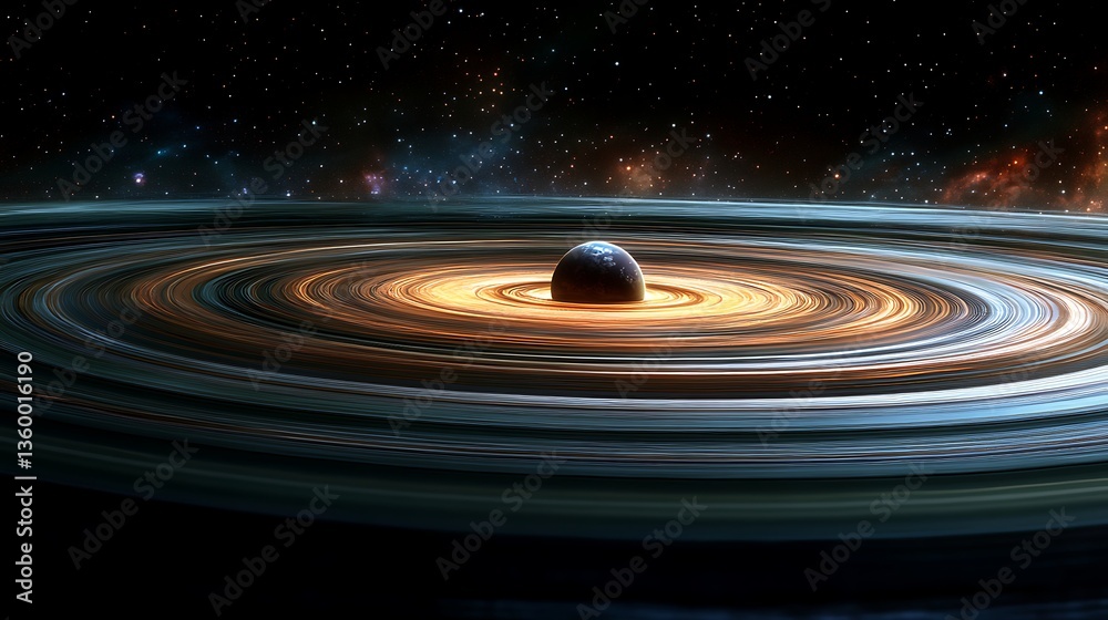 Obraz premium Cosmic Planet Surrounded by Swirling Rings, A stunning cosmic scene featuring a planet surrounded by swirling rings of gas and dust