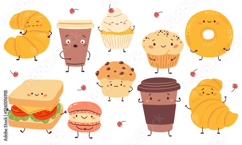 Vector set of cute illustrations in a simple childish style. Cute food with muzzles hands and feet. Croissants coffee glasses buns cakes and cupcakes. Vector illustration