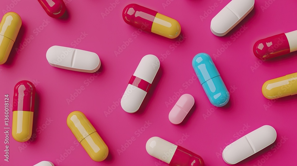 A dynamic assortment of medication capsules in bright colors, showcasing diversity in pharmaceutical treatments.