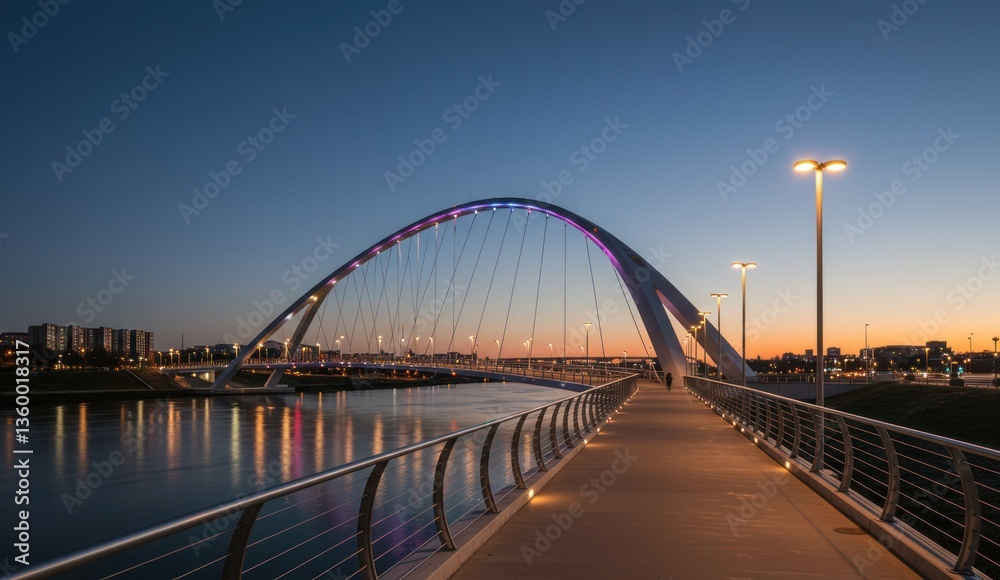 Fototapeta premium A modern arch bridge over a river at twilight with city buildings behind.