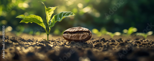 giant coffee bean close-up growing in soil with coffee plant seedlings, perfect for agricultural themes, sustainability concepts, and coffee-related branding