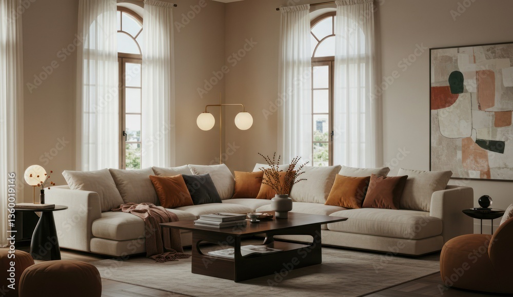 Fototapeta premium Warm, modern living room with a large couch, wood accents, and soft textures.