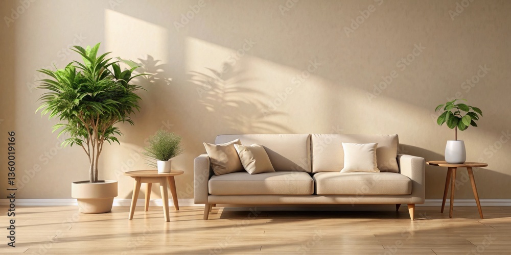 Fototapeta premium Serene Living Room with Beige Sofa, Natural Light, and Lush Potted Plants
