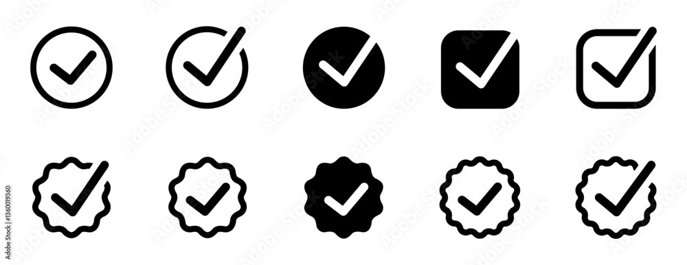 Variety of check mark symbols in circular and square icons Variety of check mark symbols in circular and square icons