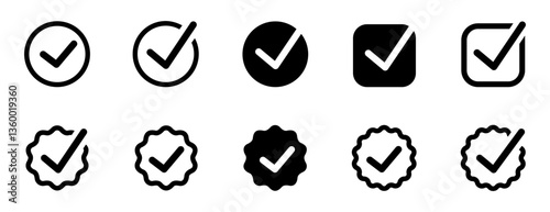 Variety of check mark symbols in circular and square icons