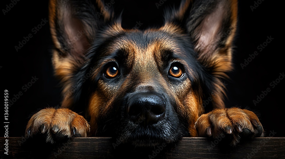 Fototapeta premium German Shepherd dog with paws on dark surface looking up with soulful eyes against black background, dramatic portrait showing loyalty and intelligence.