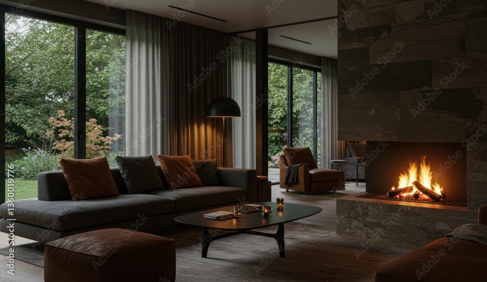 custom made wallpaper toronto digitalInviting modern living room with a stone fireplace and comfortable seating.