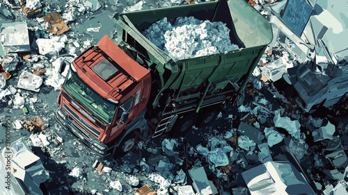 High-angle, close-up view of a red and green garbage truck partially submerged in a large pile of mixed waste materials. The truck's body is mostly filled with light-colored, possibly paper-based
