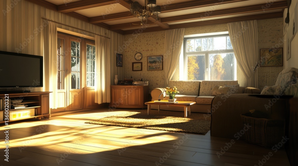 Fototapeta premium Cozy living room with wooden beams, sunlight streaming through windows, and a vase of flowers on the table
