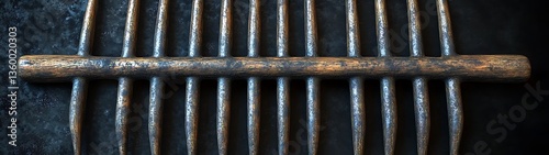 An overhead close up of wooden tool with tines