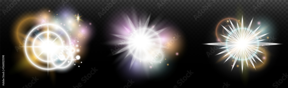 Obraz premium Set of flash light effect with glare and glow on a transparent background. Magic, rainbow glow, shining light, stars, optical flares for design, photomontage, New Year and holiday projects.