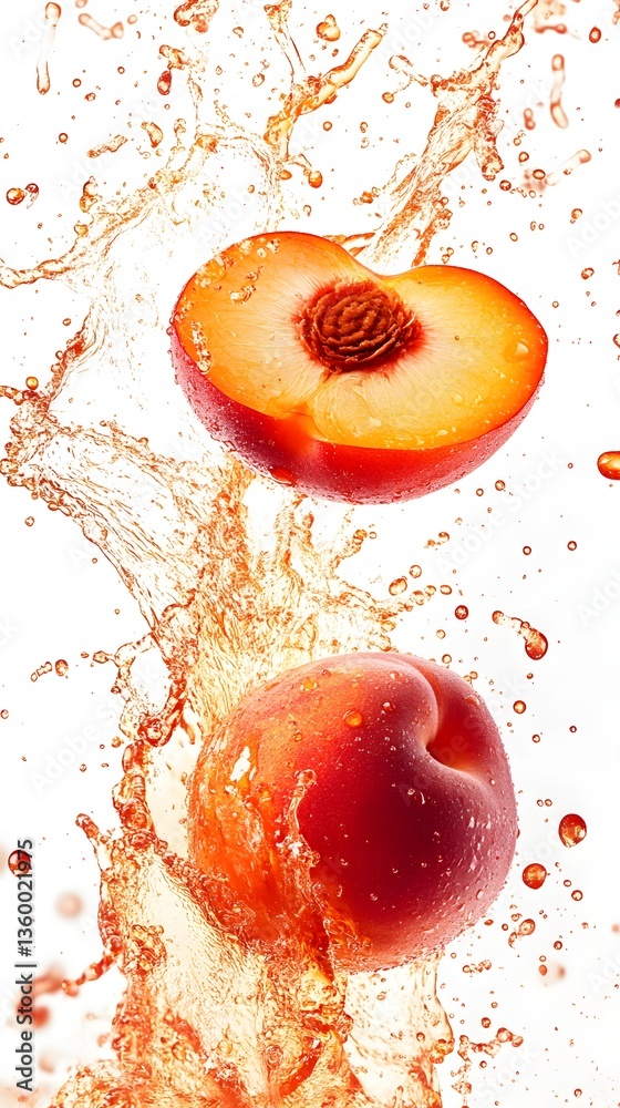 Peach Burst: Vibrant image of a juicy peach sliced open, revealing the fresh interior, combined with whole peach and dynamic water splashes. Peach Burst: Vibrant image of a juicy peach sliced open, revealing the fresh interior, combined with whole peach and dynamic water splashes.