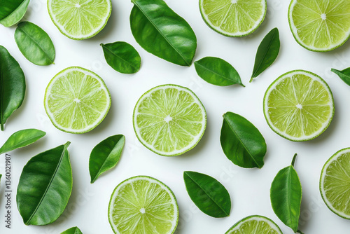Limes and leaves on a white background, vibrant green colors standing out, fresh and citrusy, perfect for summer drinks and recipes.