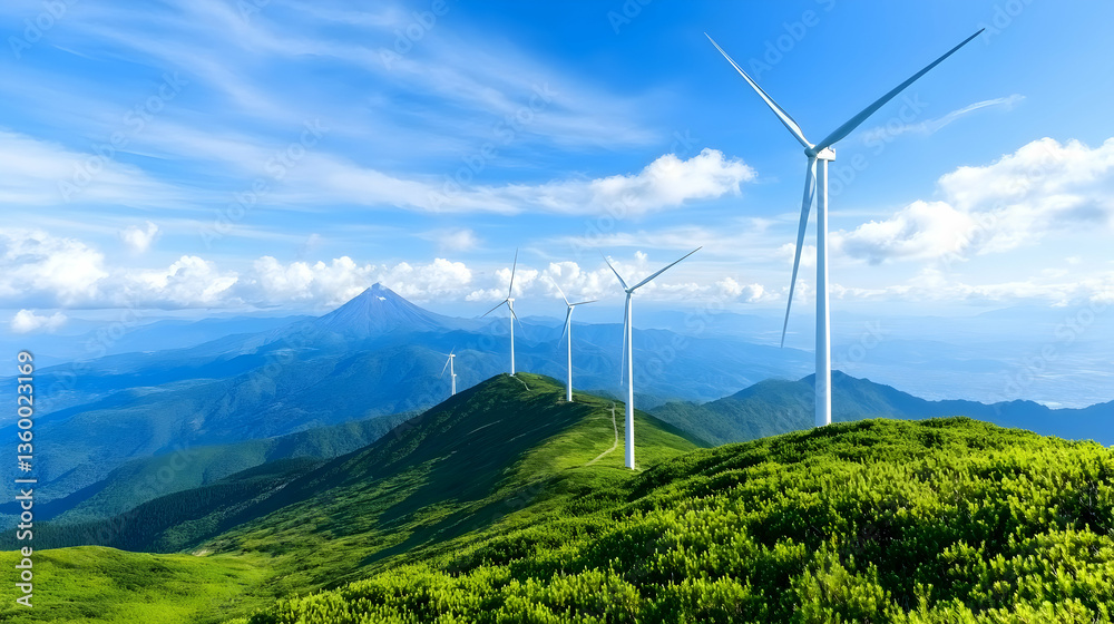 Wind turbines on mountain ridge, clean energy, scenic background, sustainable power Wind turbines on mountain ridge, clean energy, scenic background, sustainable power