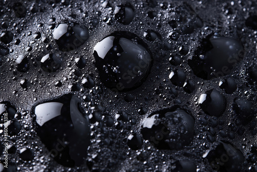 Water droplets on a black surface, reflecting light in intricate patterns, creating a stunning contrast.