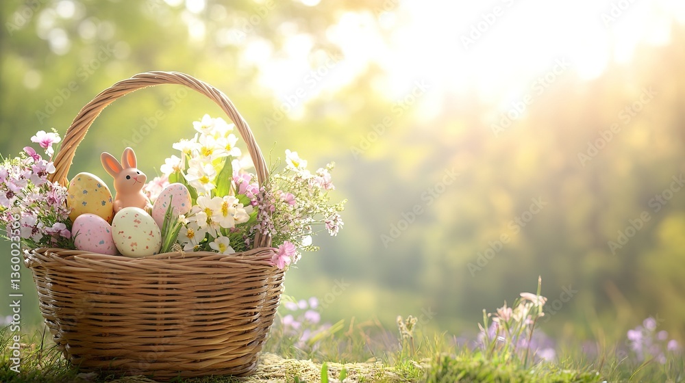 A charming wicker basket overflowing with pastel Easter eggs, a sweet bunny, and delicate spring blossoms bathed in warm sunlight. A charming wicker basket overflowing with pastel Easter eggs, a sweet bunny, and delicate spring blossoms bathed in warm sunlight.
