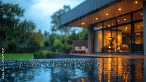 Raining on Modern Home Patio, Evening