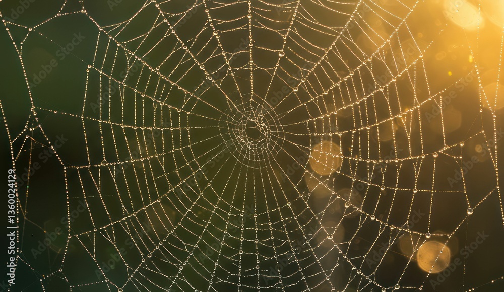 Obraz premium A glistening spider web covered in dew, bathed in golden morning light.