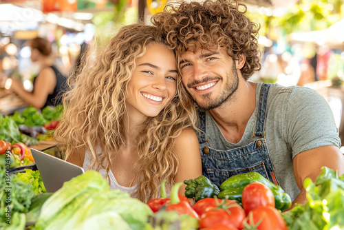 Happy couple enjoying fresh vegetables at a vibrant farmers market, promoting healthy eating and a sustainable lifestyle.