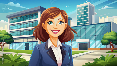 Happy business woman standing outside a office building